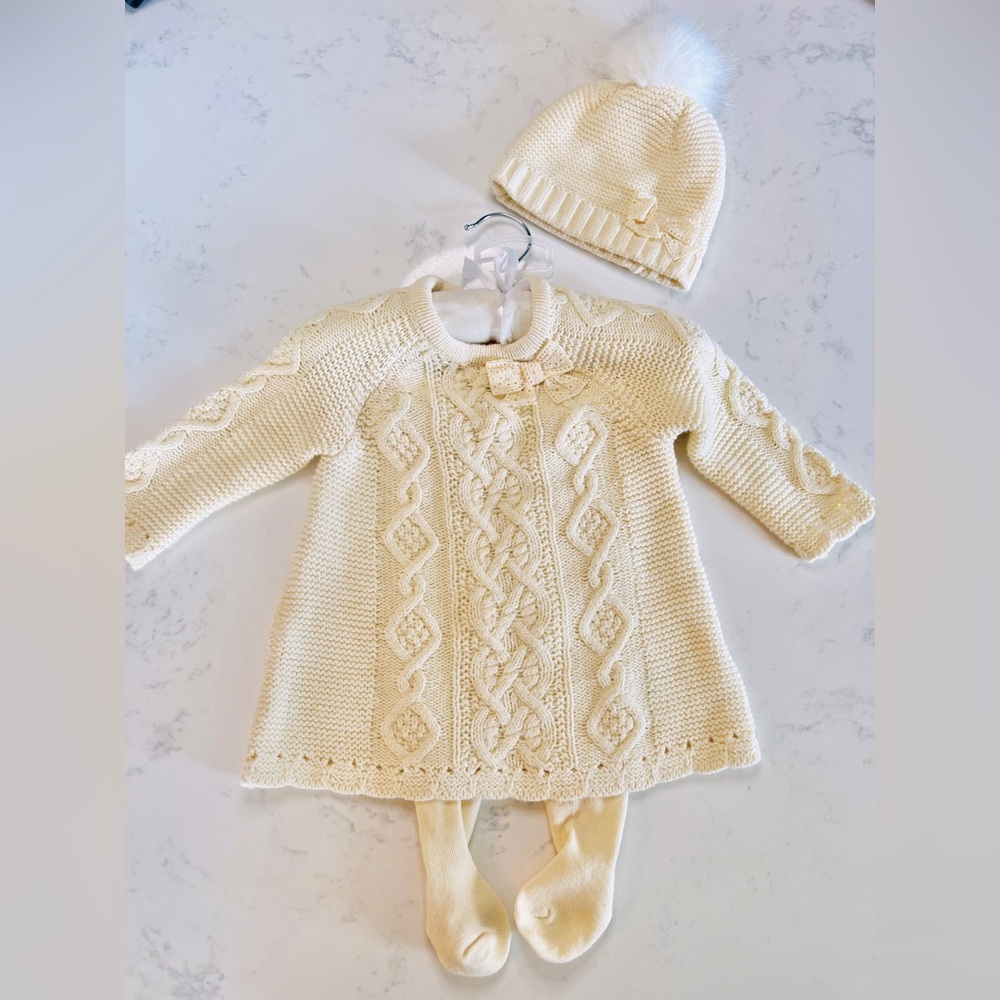 Cupcakes & Cashmere Sweater Dress with Tights & Hat, Light yellow, 0-3 mo